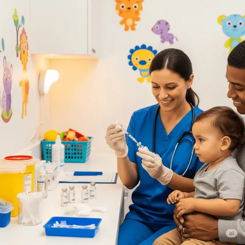 Profissional prepara vacina para bebê seguindo calendário pediátrico de imunização.