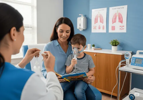 Criança recebe tratamento respiratório urgente em consulta pediátrica especializada.