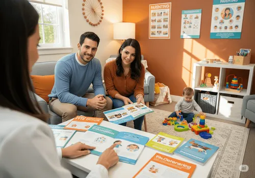 Pediatra orienta pais sobre desenvolvimento infantil durante consulta acolhedora.