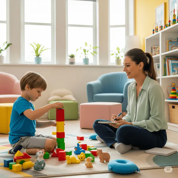 Mãe monitora marcos de desenvolvimento enquanto criança brinca com blocos coloridos.
